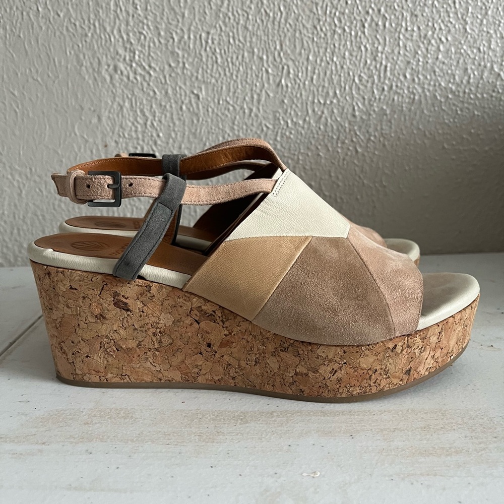 COCLICO Tan and Cream Wedge Sandals with Cork Platform